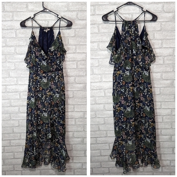 Miss Me Navy Microfloral Tank Cold Shoulder Wrap High-low Dress Size Small - Picture 1 of 7